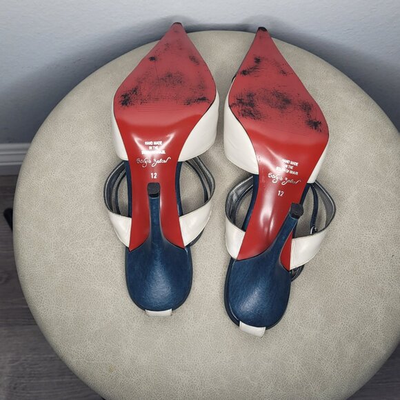 Vintage Sergio Zelcer Handmade Blue & White Leather Stilettos – Size 12M - Picture 8 of 9
